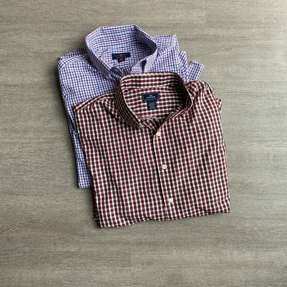 2 Bundle Dress Shirts Size Large 16 1/2‎ Gingham Print Purple Red Men's Collared